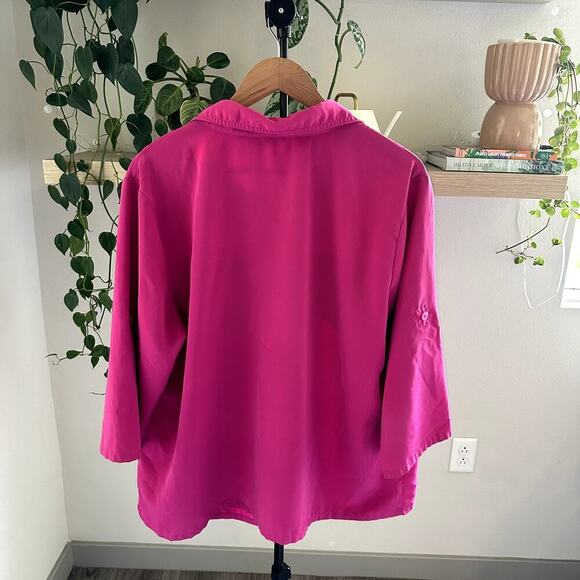 Susan Graver Womens 1X Hot Pink Blouse Bell Sleeve Button Up Plus Size Top - Picture 2 of 8